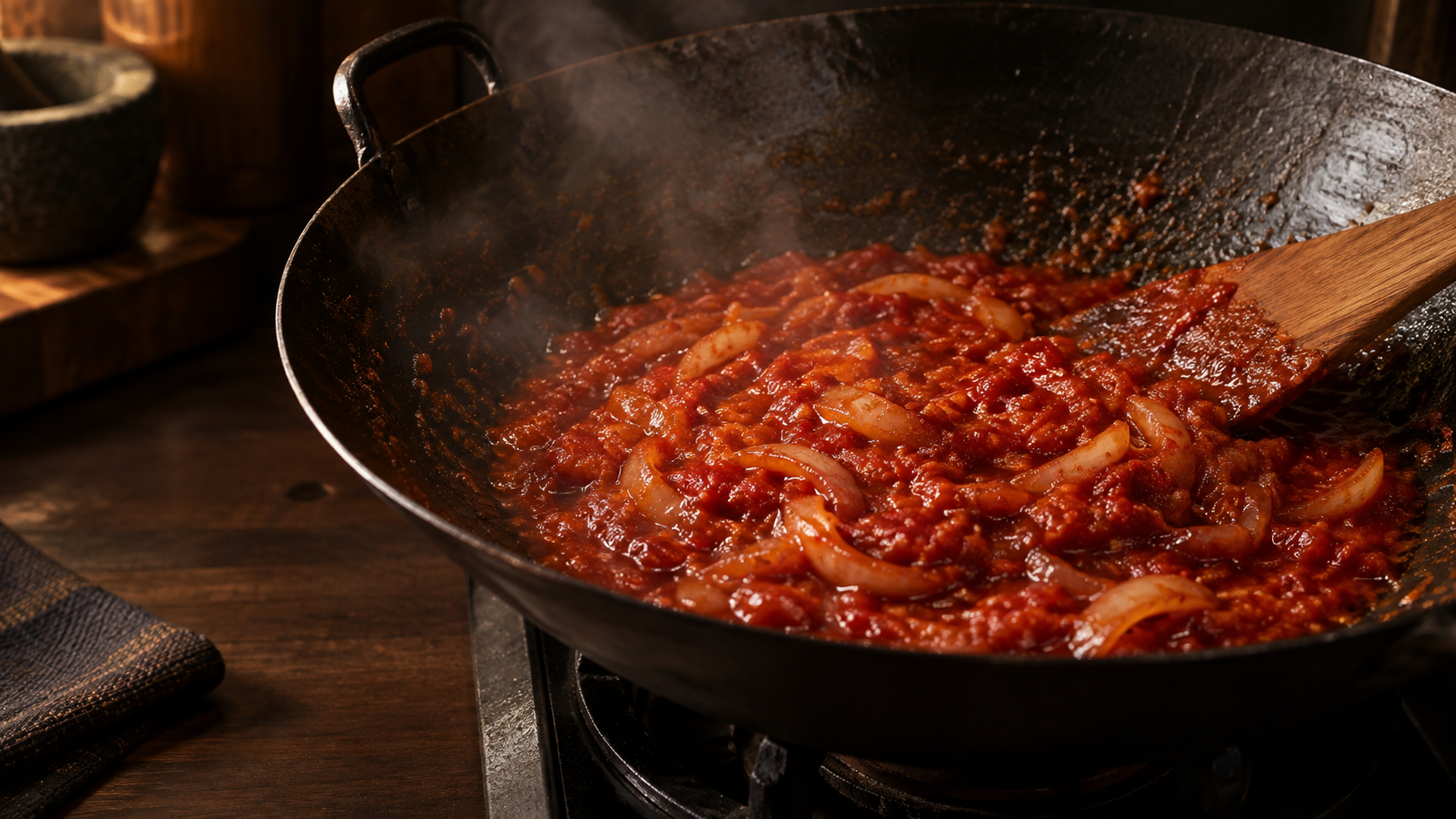 Illustrative scene of rempah sauce cooking in a wok