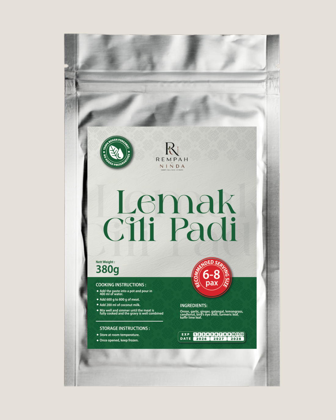 Lemak Cili Padi rempah in an aluminum foil retort pouch, Rempah Ninda