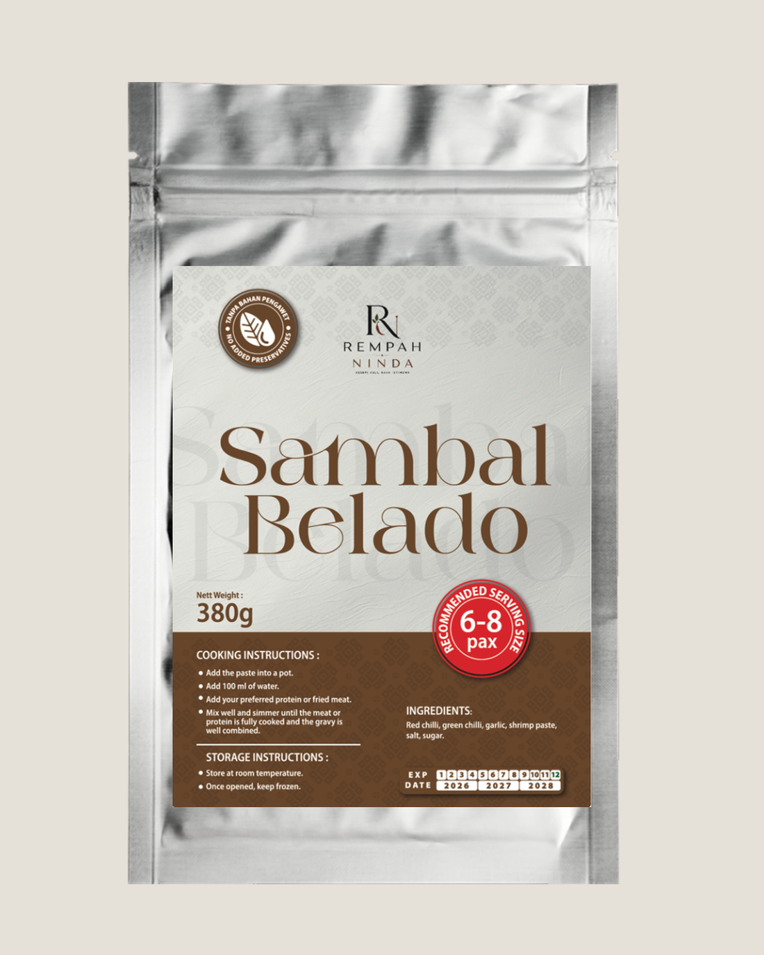 Sambal Belado rempah in an aluminum foil retort pouch, Rempah Ninda